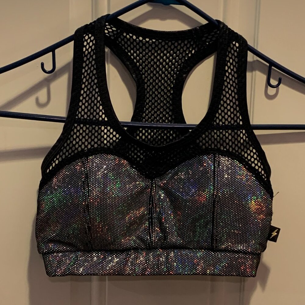 Cleo Hurricane Holographic Heart Breaker Mesh Bra Crop Pole Top Removable Pads
